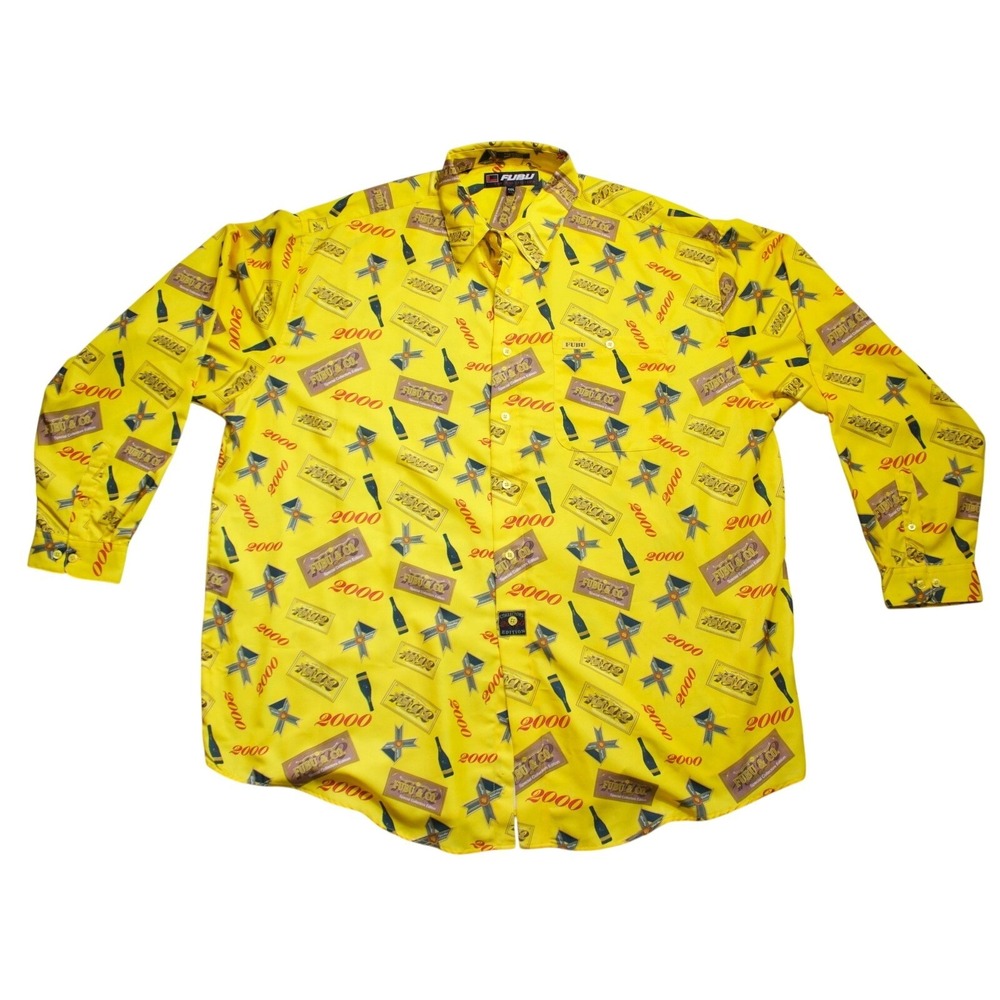 Vintage FUBU Champagne 2000 Millennium Yellow Button Up Mens Y2K 90s 3XL